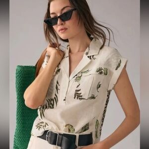 Anthropologie 100% Linen Utility Shirt, Tropical Print Cropped Relaxed Fit MP